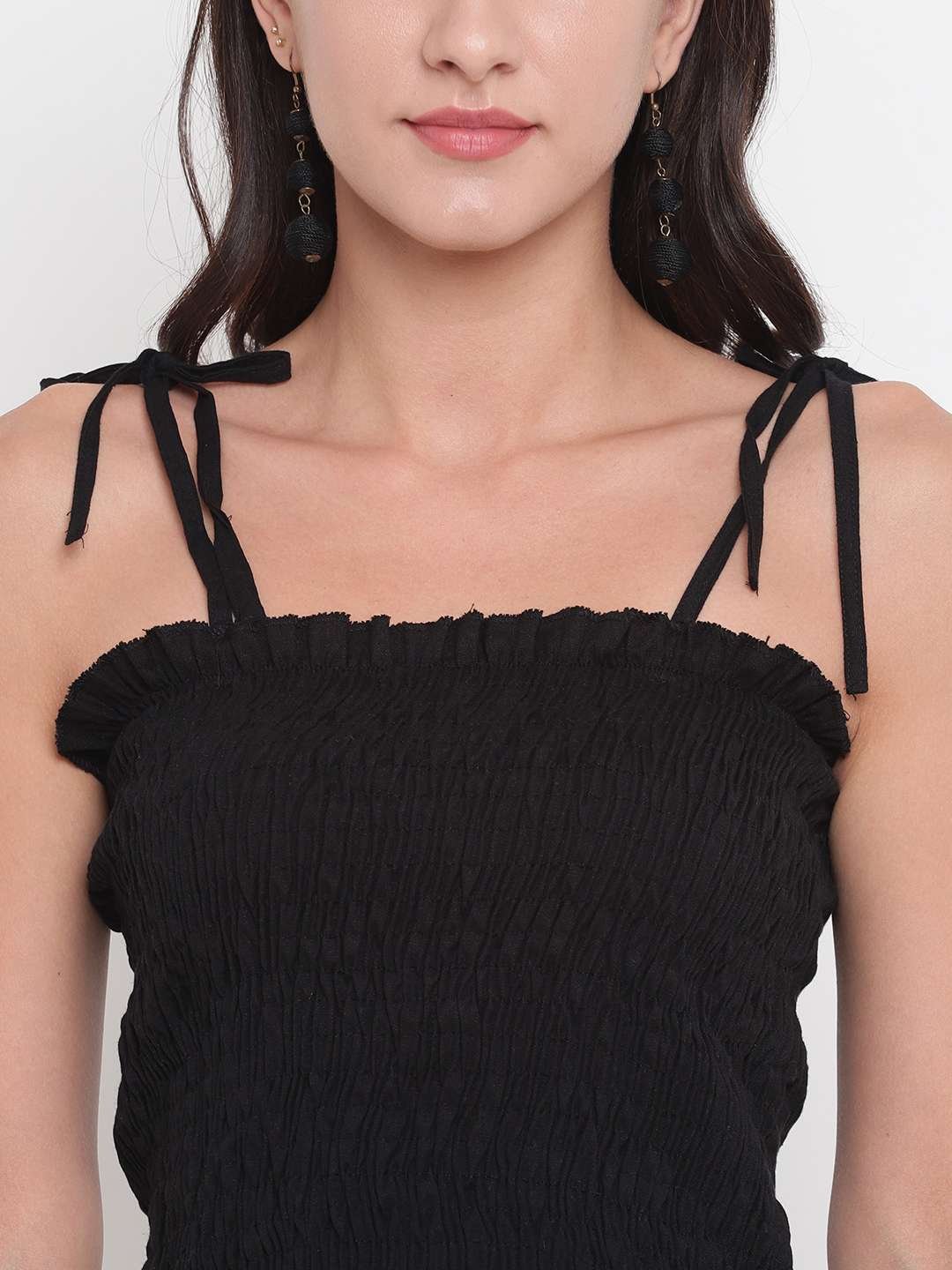 Women's Rayon Solid Casual Summer Style Tie Shoulder Straps Free Size Tank Top (Black) - Image 4