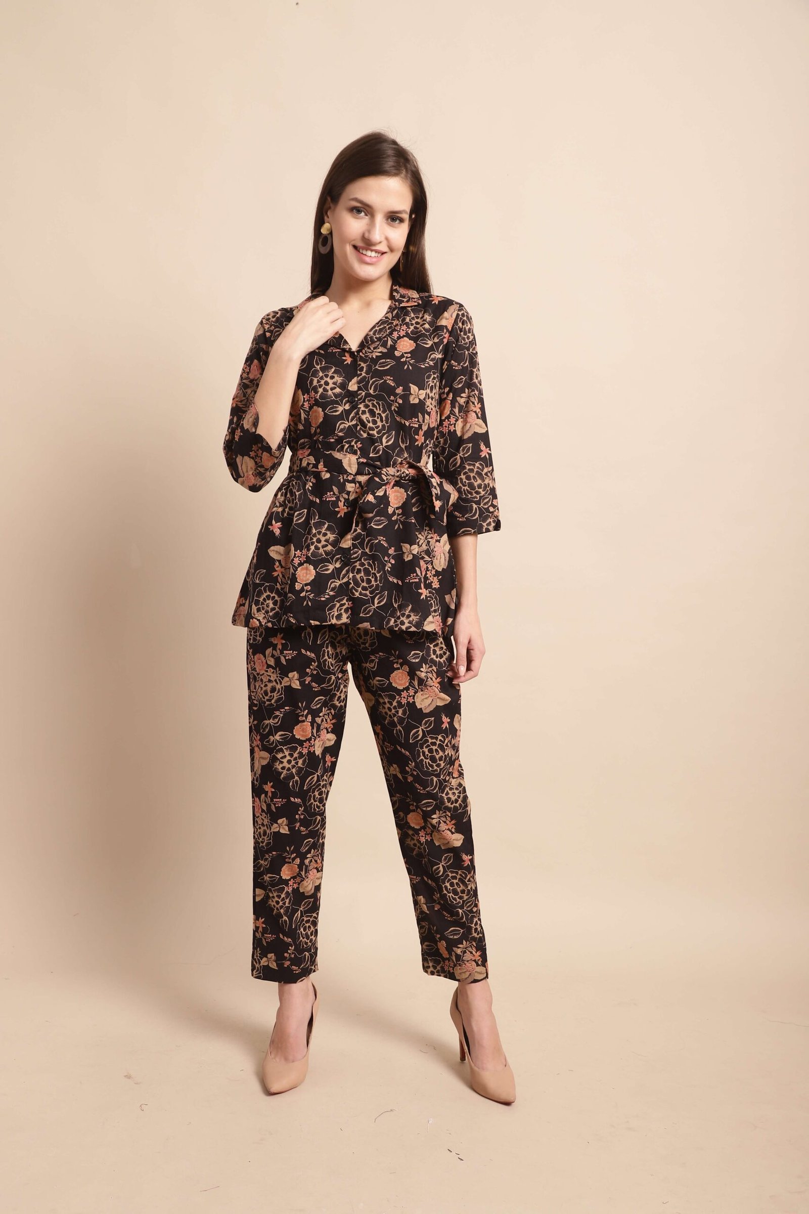Women's Pure Cotton Printed Collared Top and Pant Co-ord Set (Black)