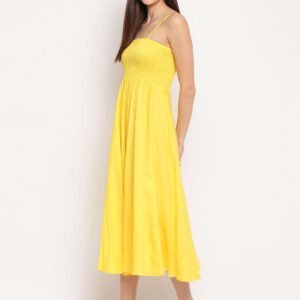 Women's Viscose Rayon Solid Shoulder Straps Sleeveless Flared Gown Drees (Yellow)