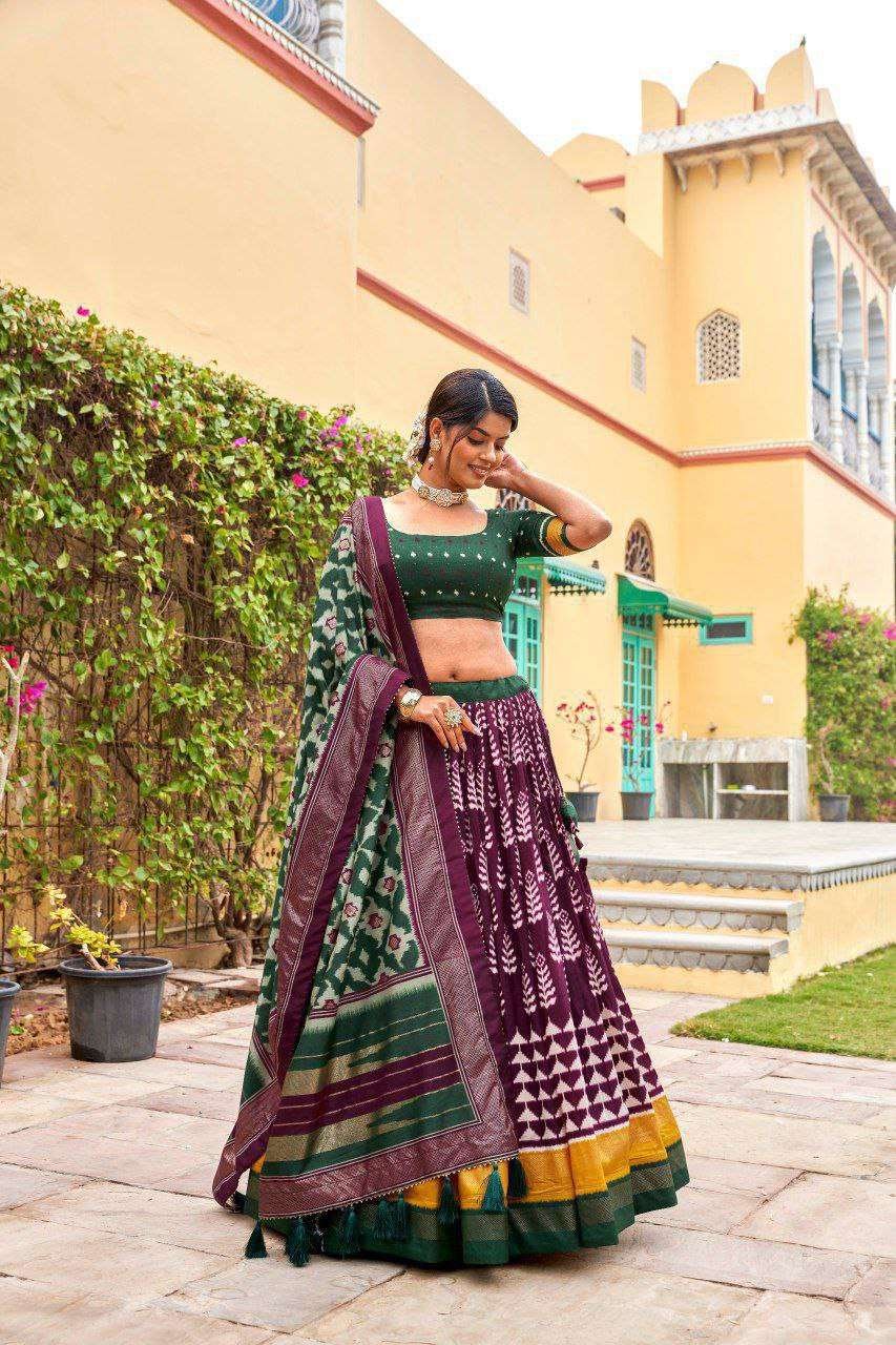 Dark Green Dola Silk Lehenga Choli with Maroon Blouse | Patola Print & Foil Work | Wedding & Festive Wear - Image 2