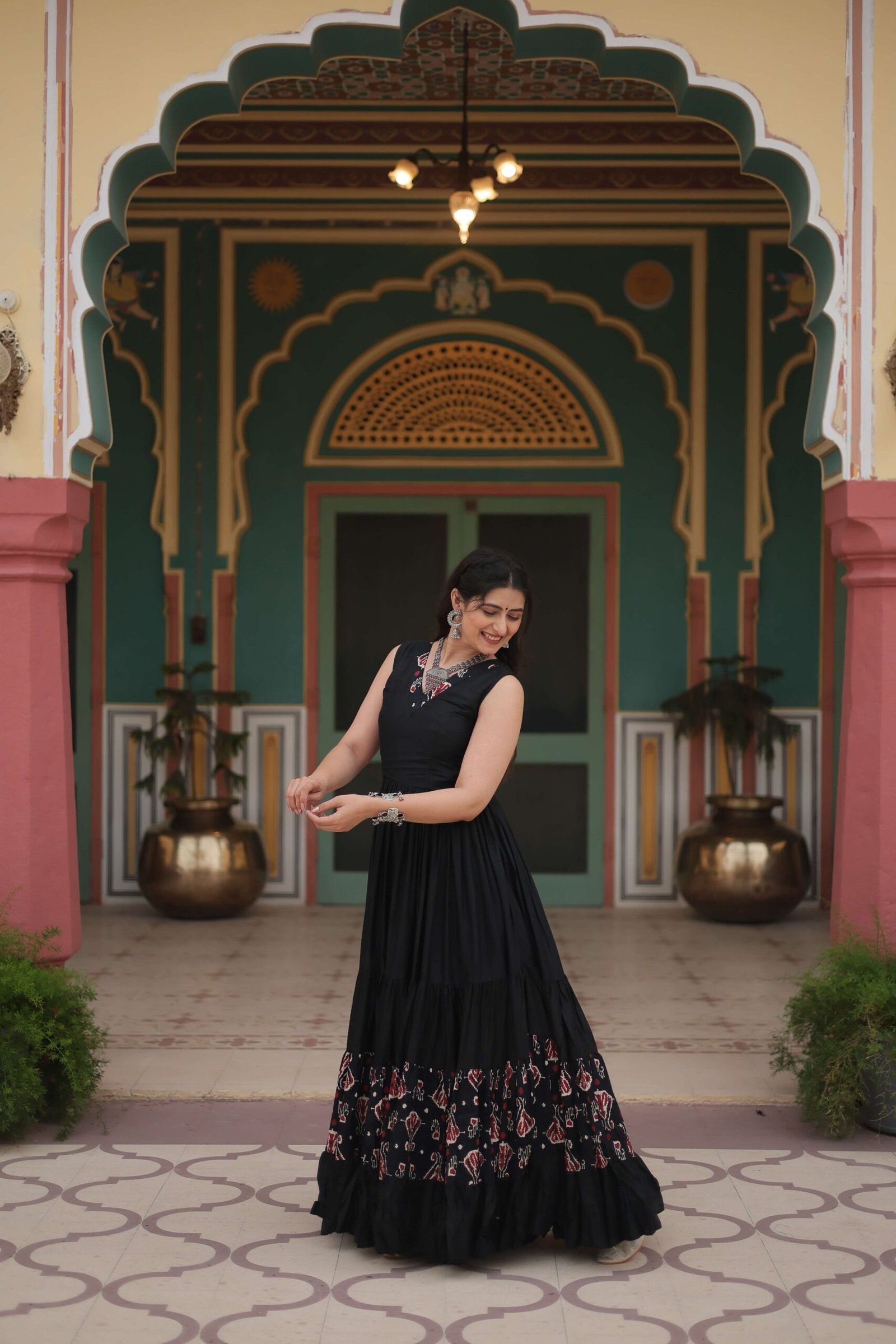 Black Designer Heavy Reyon Gown with Printed Frill & Fancy V-Neck - Image 7