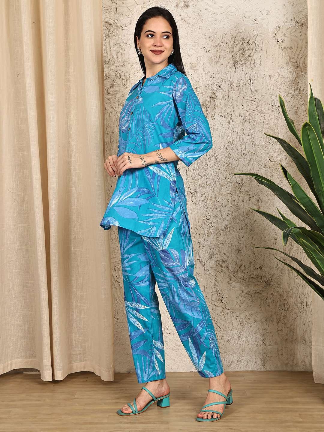 Women's Pure Cotton Printed Collared Top and Pant Co-ord Set (Blue)