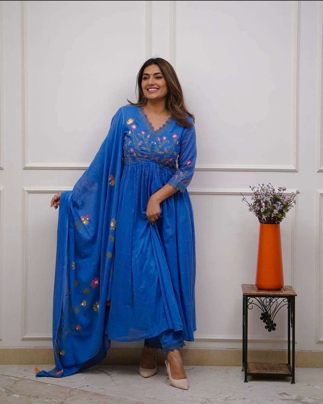 Women's Cotton Embroidered Long Anarkali Kurti with pant and Dupatta Set - Image 2