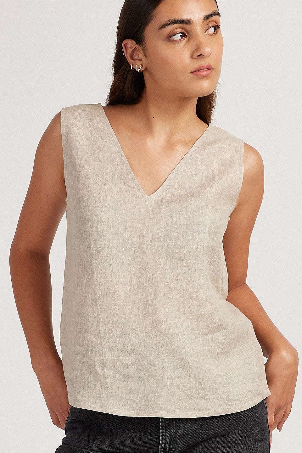 Women's Cotton Solid V Neck Sleeveless 2 Piece Outfit Loose Tank Top and Wide Leg Palazzo Pants Sets cord set ( Beige ) - Image 4