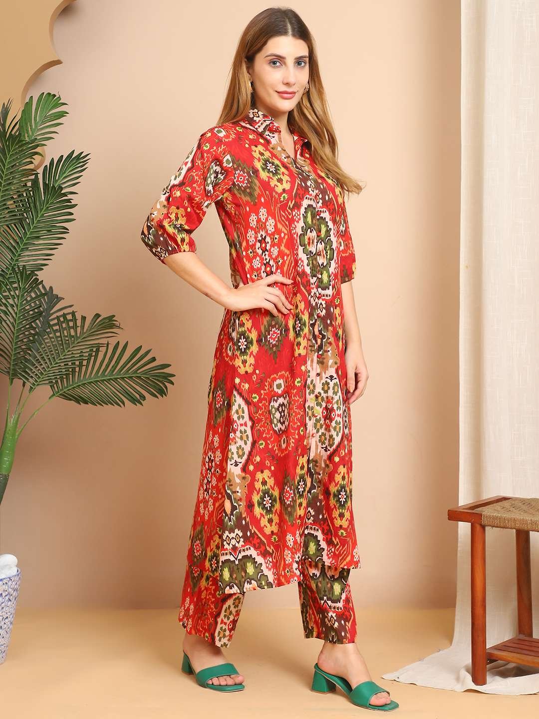 Women's Pure Cotton Printed Collared Top and Pant Co-ord Set (Multti Color4) - Image 3