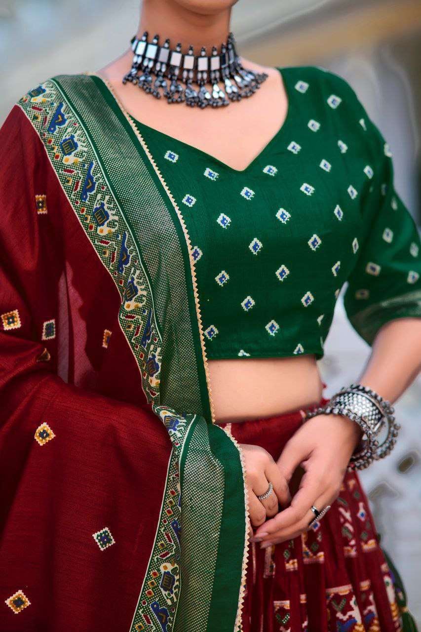 Maroon Tussar Silk Lehenga Choli with Dark Green Blouse | Bandhani Peacock & Foil Print | Wedding & Festive Wear - Image 4