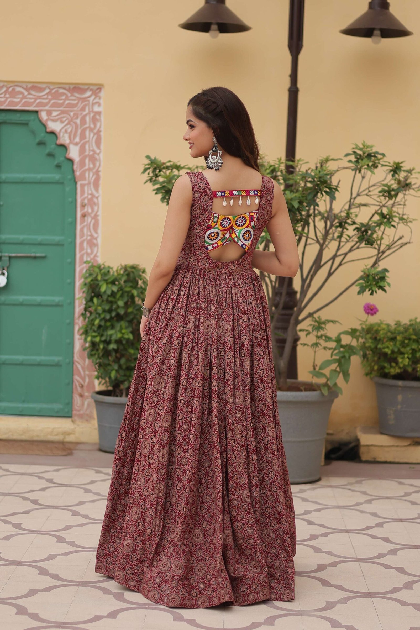 Maroon Faux Georgette Designer Gown ? Fully Flared Elegant Party & Wedding Set - Image 3