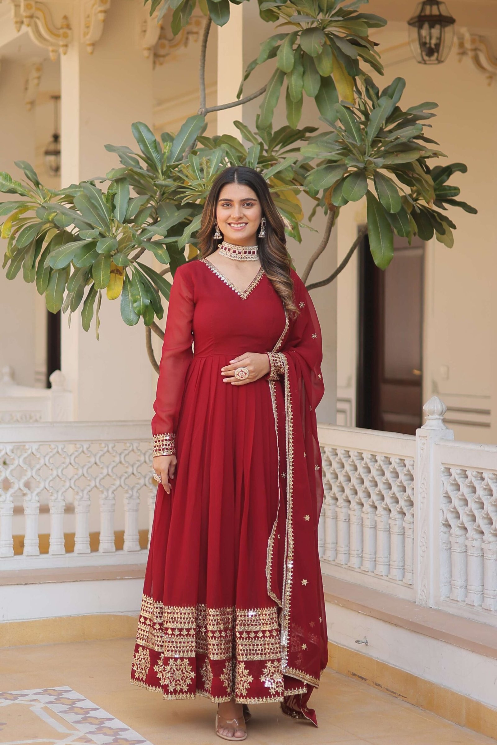 Maroon Faux Blooming Gown with Sequined Dupatta ? Elegant Fully Flared Party & Wedding Set - Image 4