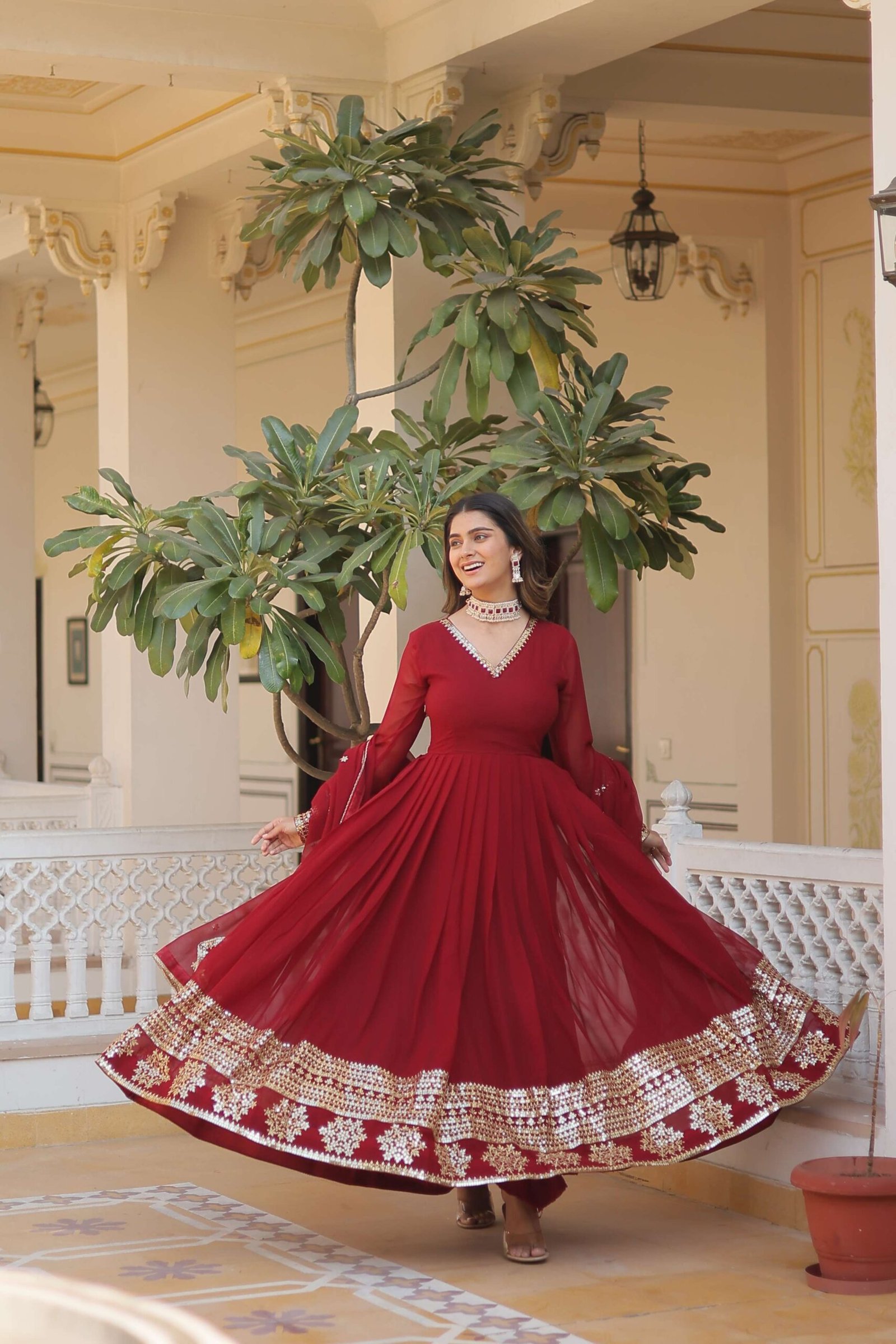 Maroon Faux Blooming Gown with Sequined Dupatta ? Elegant Fully Flared Party & Wedding Set