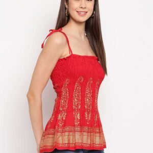 Women's Rayon Buta Printed Casual Summer Style Tie Shoulder Straps Free Size Tank Top ( Red Gold Pattern)