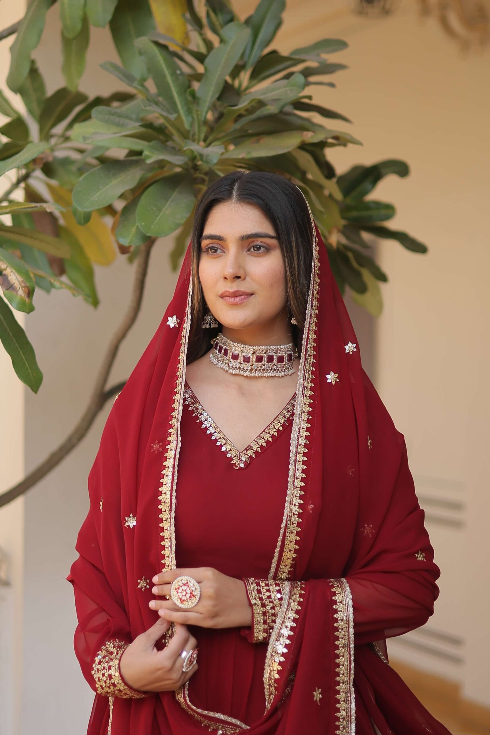 Maroon Faux Blooming Gown with Sequined Dupatta ? Elegant Fully Flared Party & Wedding Set - Image 7
