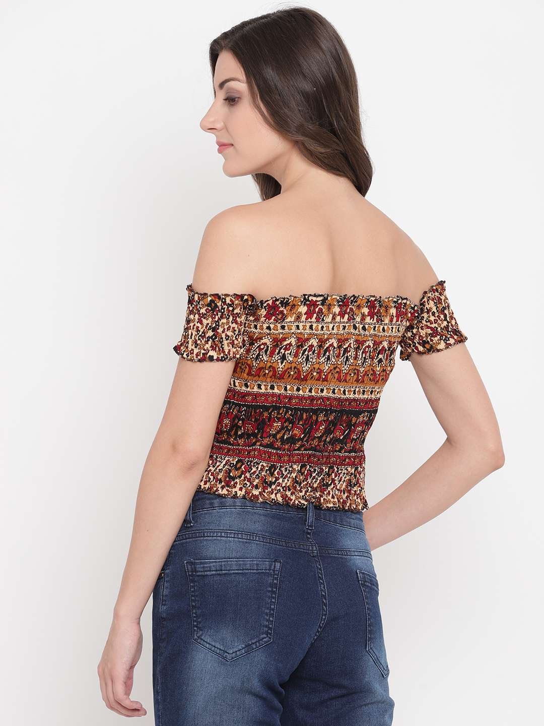 Women's Rayon Printed Off-Shoulder Smocked Crop Top Short Sleeve Casual Styles Tank Top (FREE SIZE) Multi7 - Image 3
