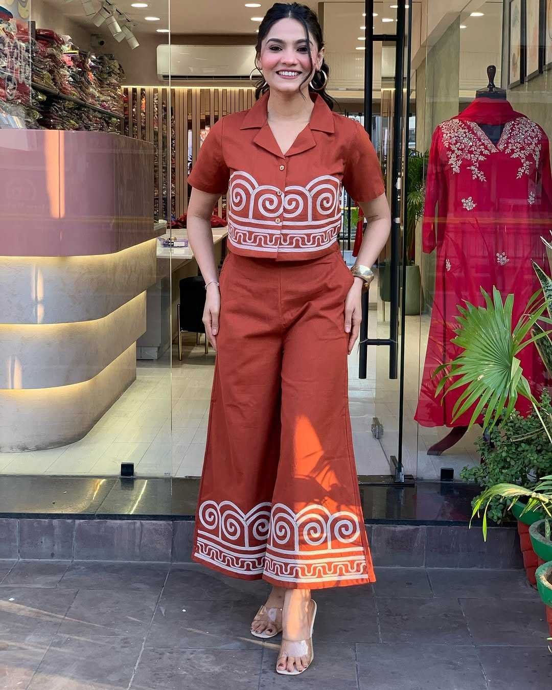 Women's Cotton Embroidered Crop top Co-Ord Set Coordinate Set Summer Wear Printed Crop Top with Pant Set - Image 3
