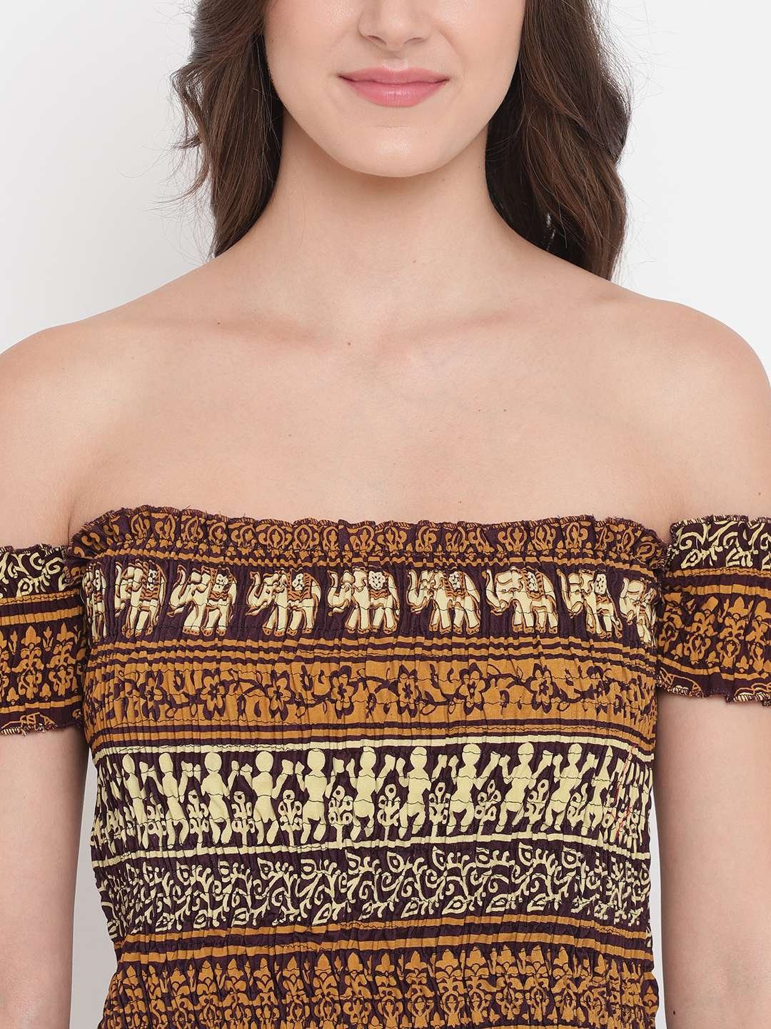 Women's Rayon Printed Off-Shoulder Smocked Crop Top Short Sleeve Casual Styles Tank Top (FREE SIZE) Multi5 - Image 4