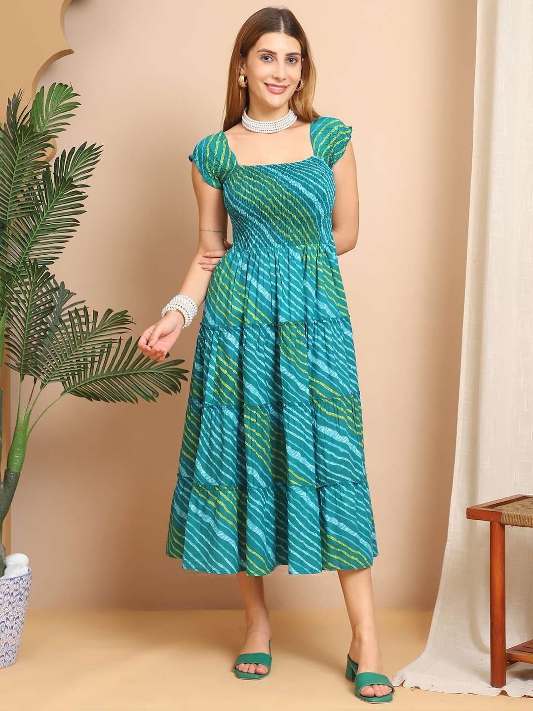 Women's Viscos Rayon Printed Off Shoulder Midi Dress For Summer And Casual Wear (Teal Blue) - Image 7