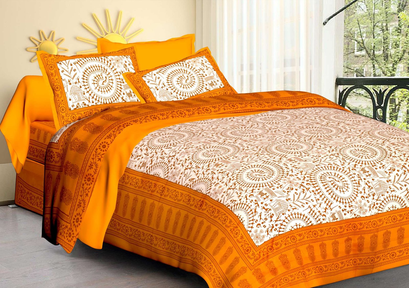 Rajasthani Traditionally Printed Cotton Doublebed Bedsheet With Pack of 2 Pillow Covers