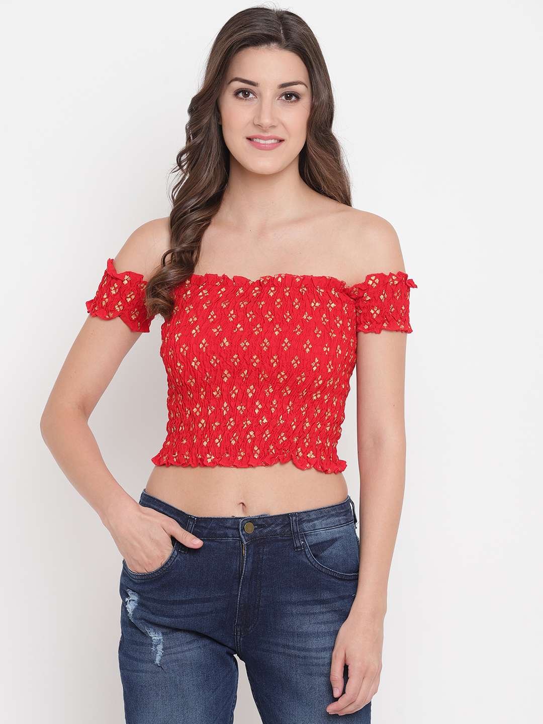 Women's Rayon Printed Off-Shoulder Smocked Crop Top Short Sleeve Casual Styles Tank Top (FREE SIZE) Multi9